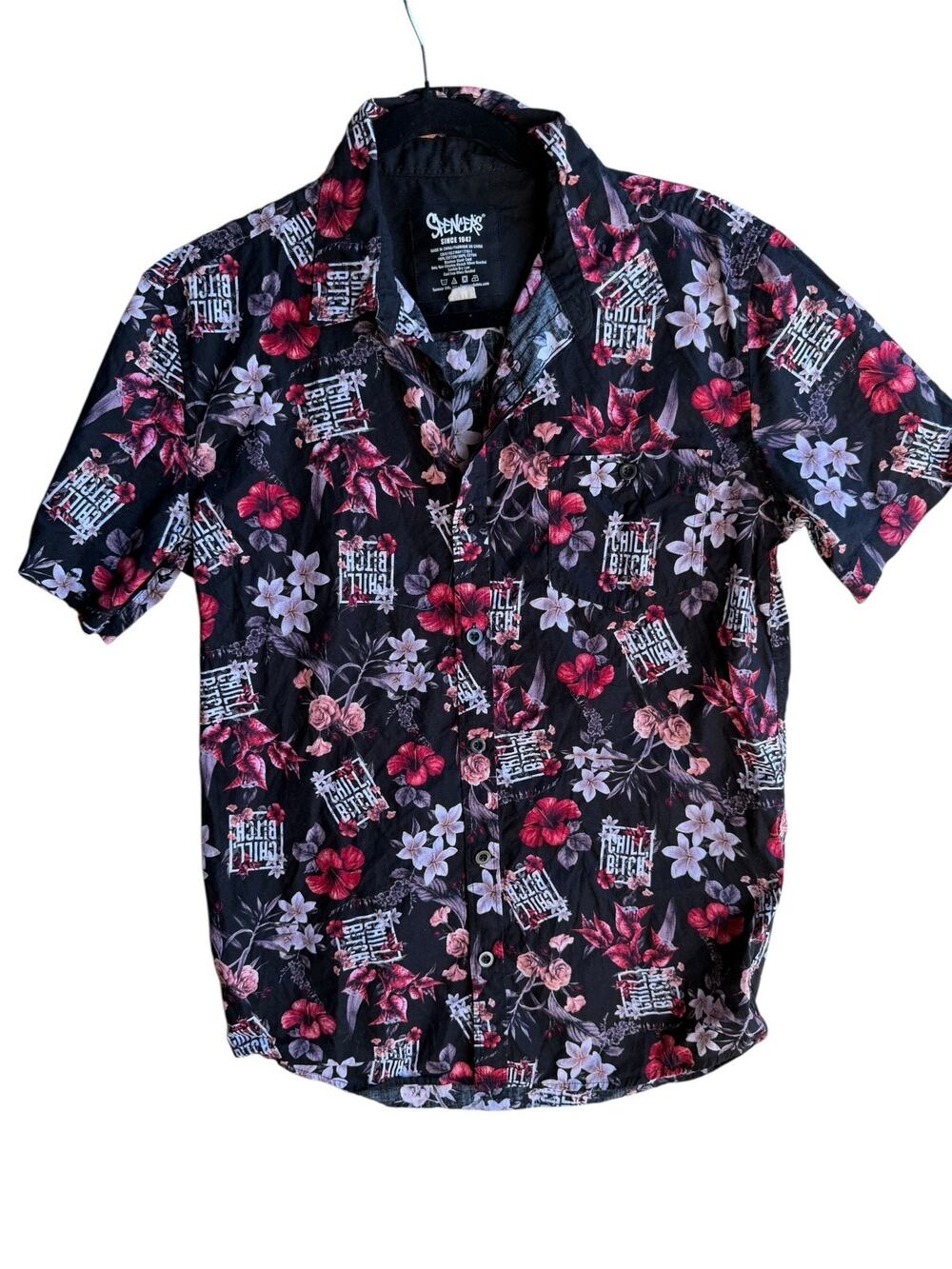Spencer's Men's Black Floral Hawaiian Shirt Short Sleeve Button Up Tropical MED